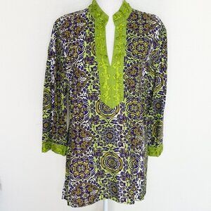 Ecologie Women Green/Purple Floral V-neck Linen Tunic Size XL Hippie Boho Chic